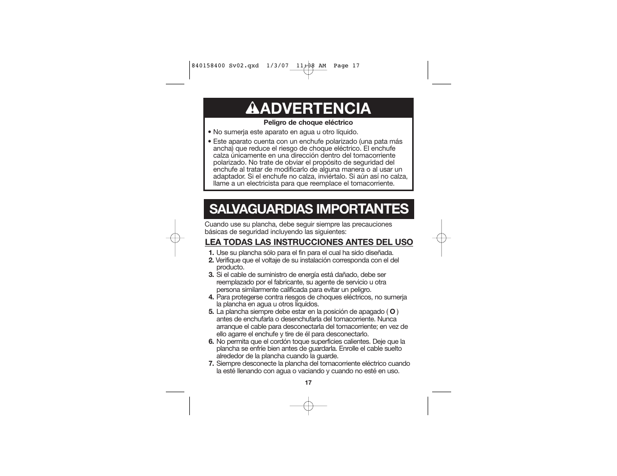 W advertencia, Tantes, Salvaguardias impor | Proctor-Silex 17515 User Manual | Page 11 / 15