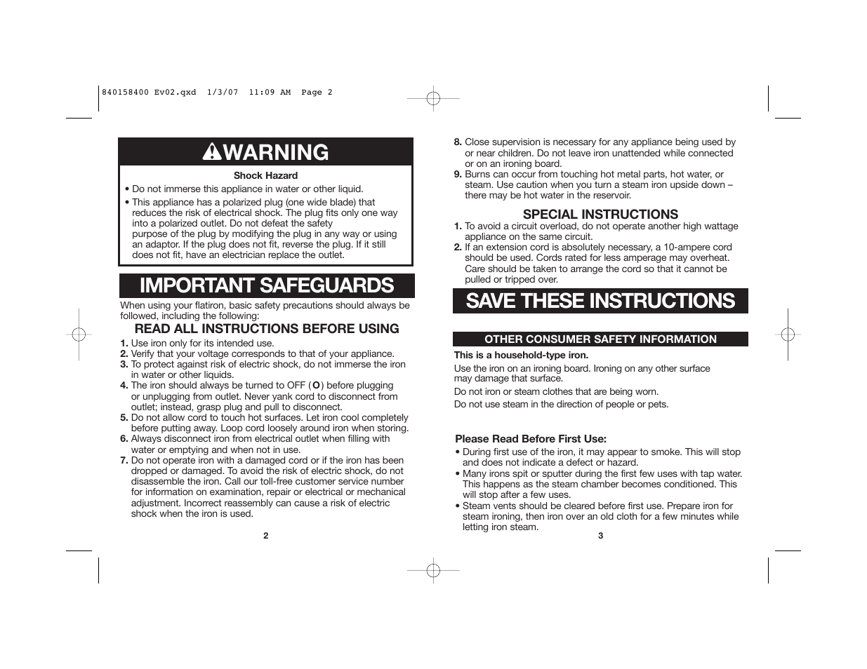 W warning, Save these instructions, Important safeguards | Proctor-Silex 17515 User Manual | Page 2 / 15