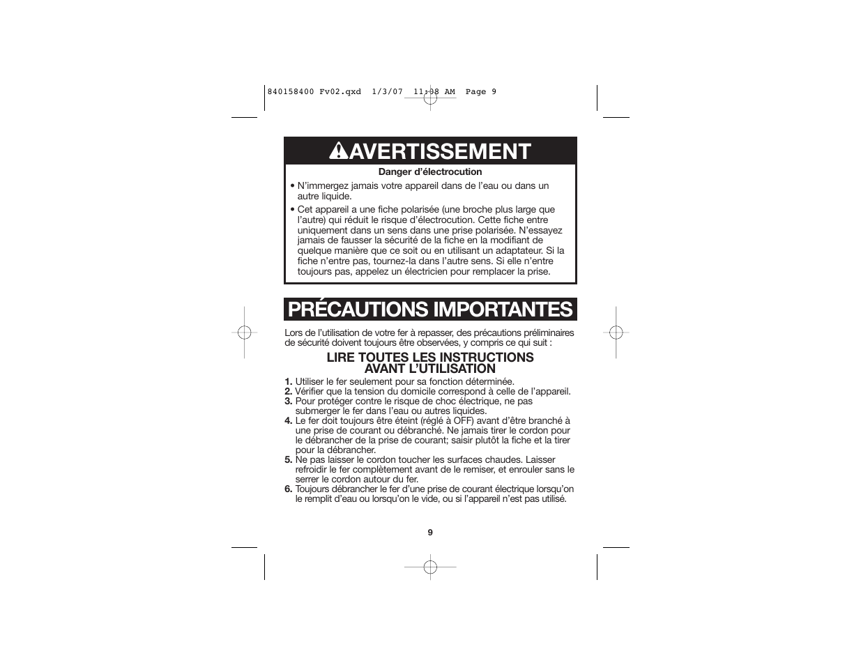 W avertissement, Précautions importantes | Proctor-Silex 17515 User Manual | Page 6 / 15