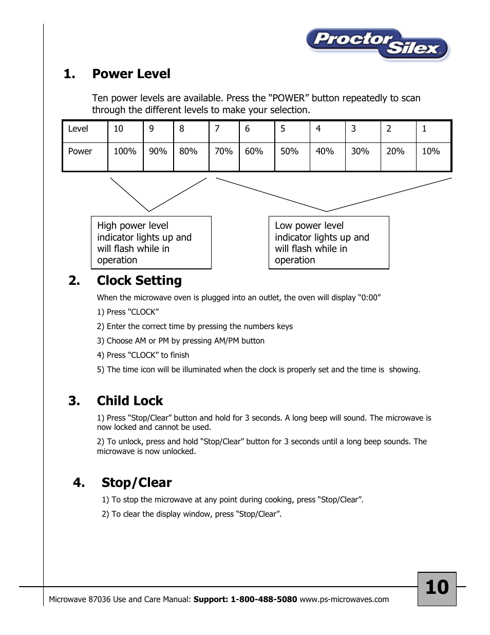 Power level, Clock setting, Stop/clear | Child lock | Proctor-Silex 87036 User Manual | Page 10 / 17