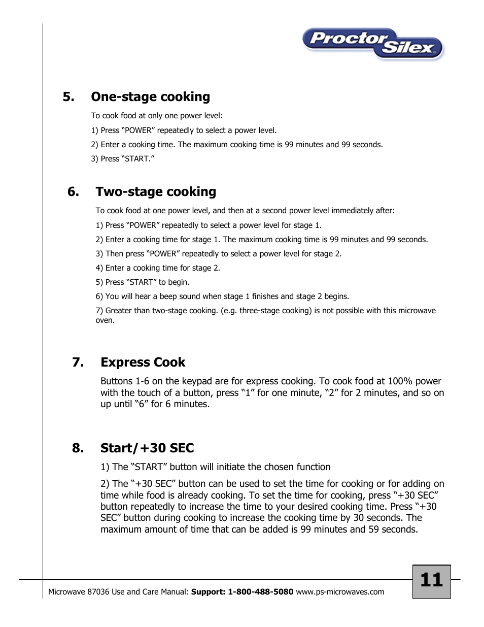 Two-stage cooking, Express cook, Start/+30 sec | One-stage cooking | Proctor-Silex 87036 User Manual | Page 11 / 17
