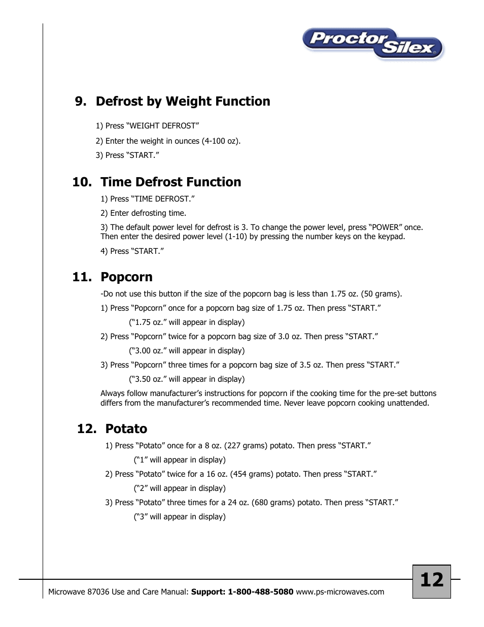 Popcorn, Potato, Time defrost function | Defrost by weight function | Proctor-Silex 87036 User Manual | Page 12 / 17