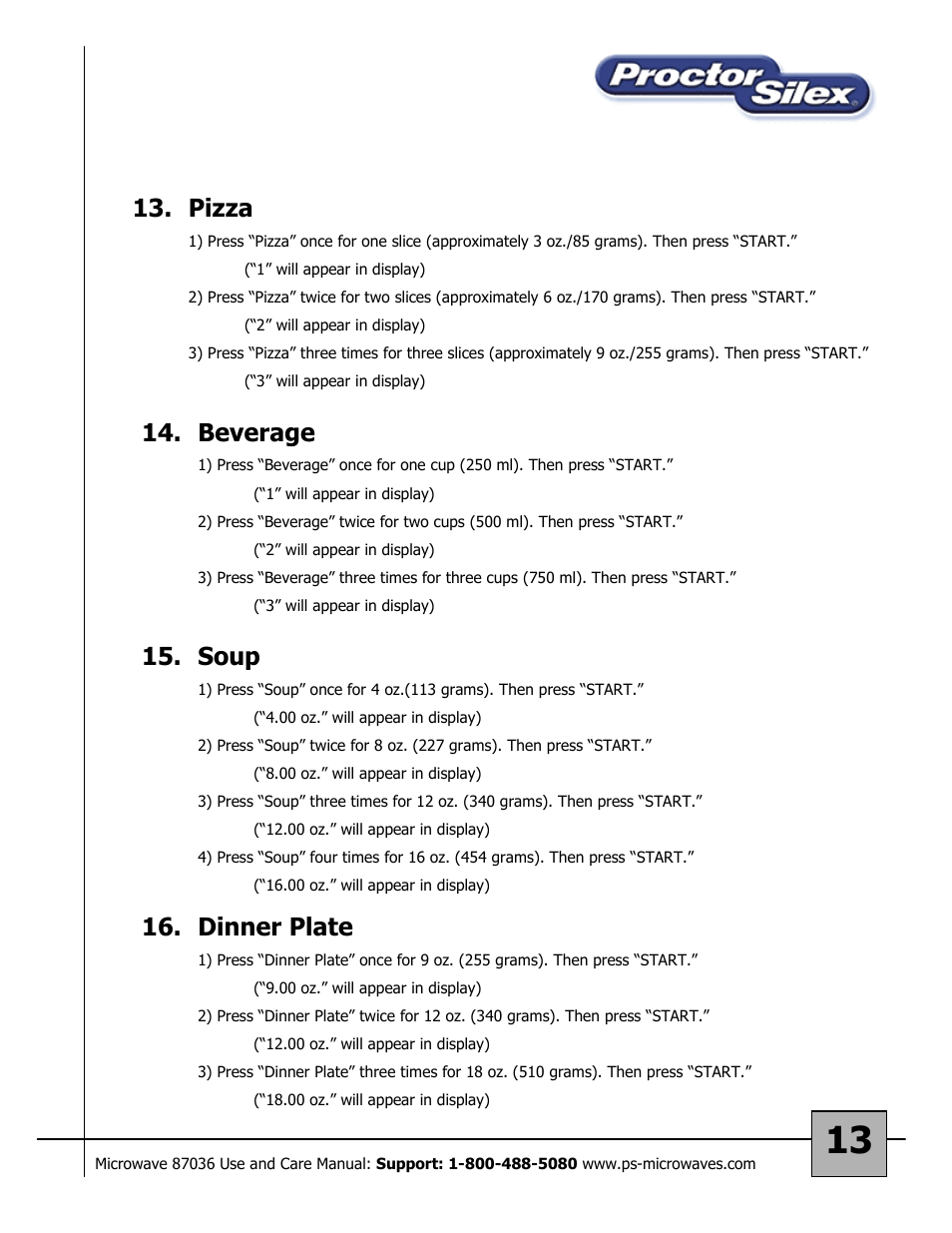 Soup, Dinner plate, Beverage | Pizza | Proctor-Silex 87036 User Manual | Page 13 / 17