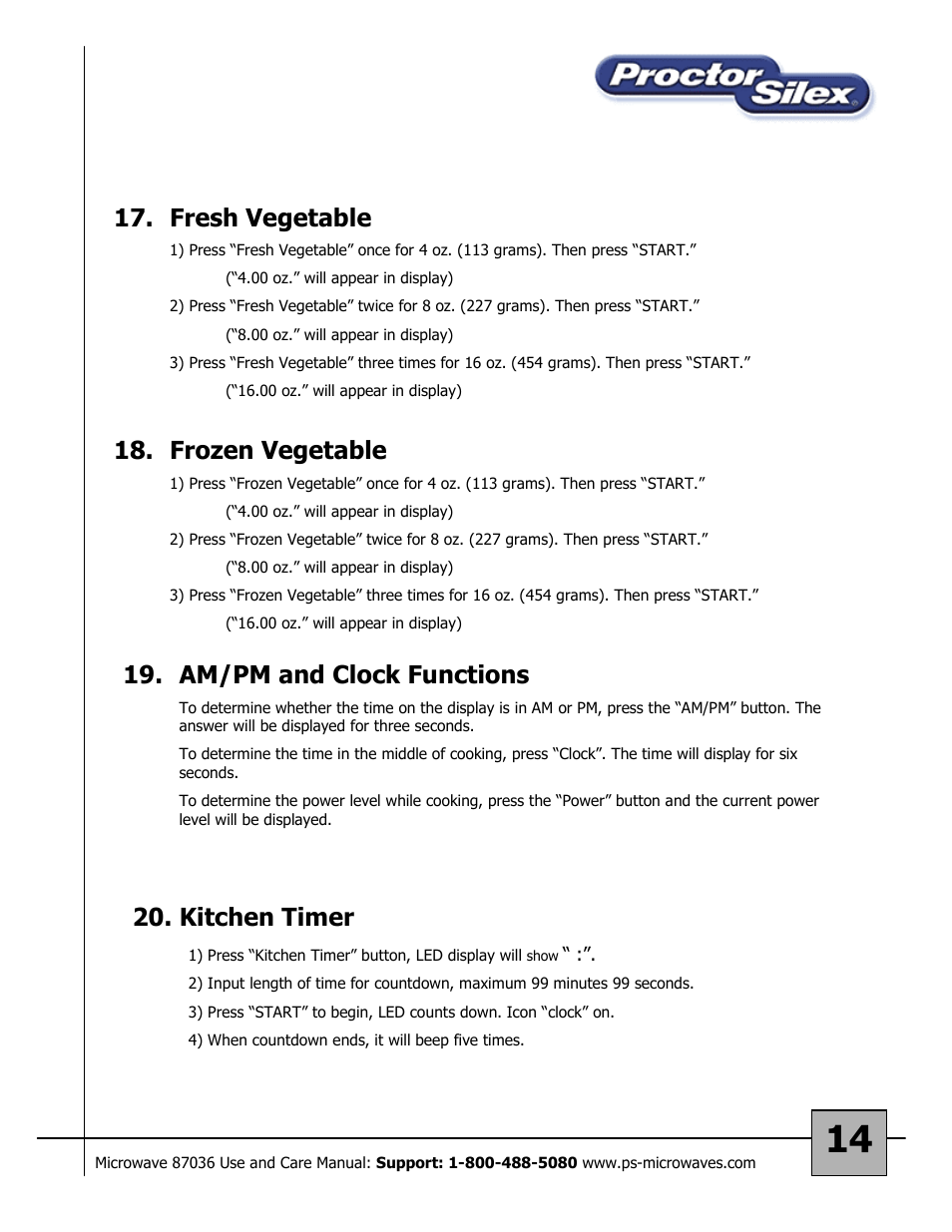 Frozen vegetable, Am/pm and clock functions, Kitchen timer | Fresh vegetable | Proctor-Silex 87036 User Manual | Page 14 / 17