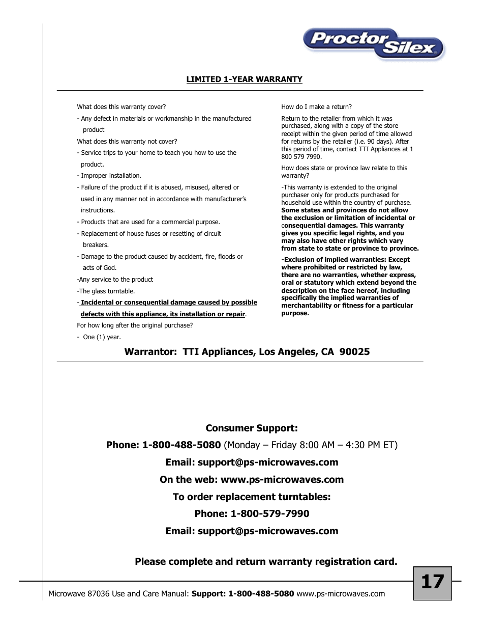 Proctor-Silex 87036 User Manual | Page 17 / 17