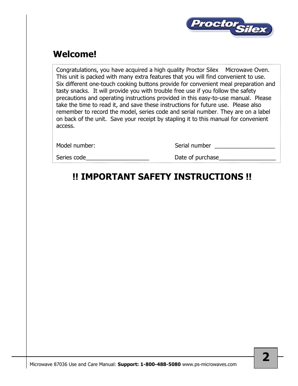 Welcome! !! important safety instructions | Proctor-Silex 87036 User Manual | Page 2 / 17