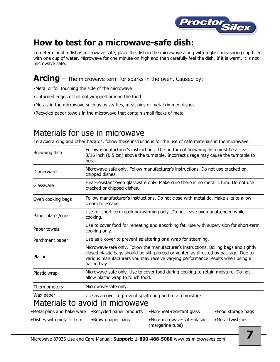 Arcing, Materials to avoid in microwave | Proctor-Silex 87036 User Manual | Page 7 / 17