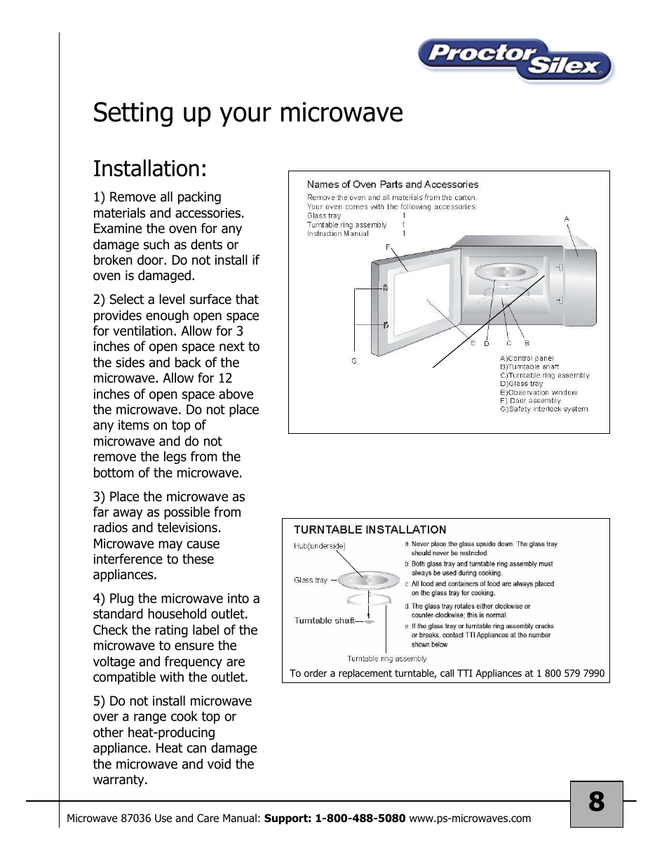 8setting up your microwave, Installation | Proctor-Silex 87036 User Manual | Page 8 / 17
