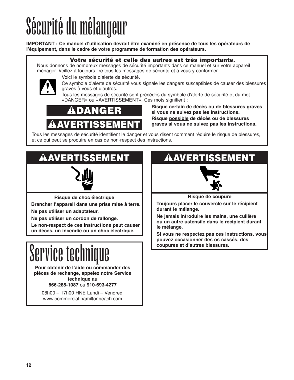 Sécurité du mélangeur, Service technique, Wavertissement | Wdanger w avertissement | Proctor-Silex HBH450 User Manual | Page 12 / 32