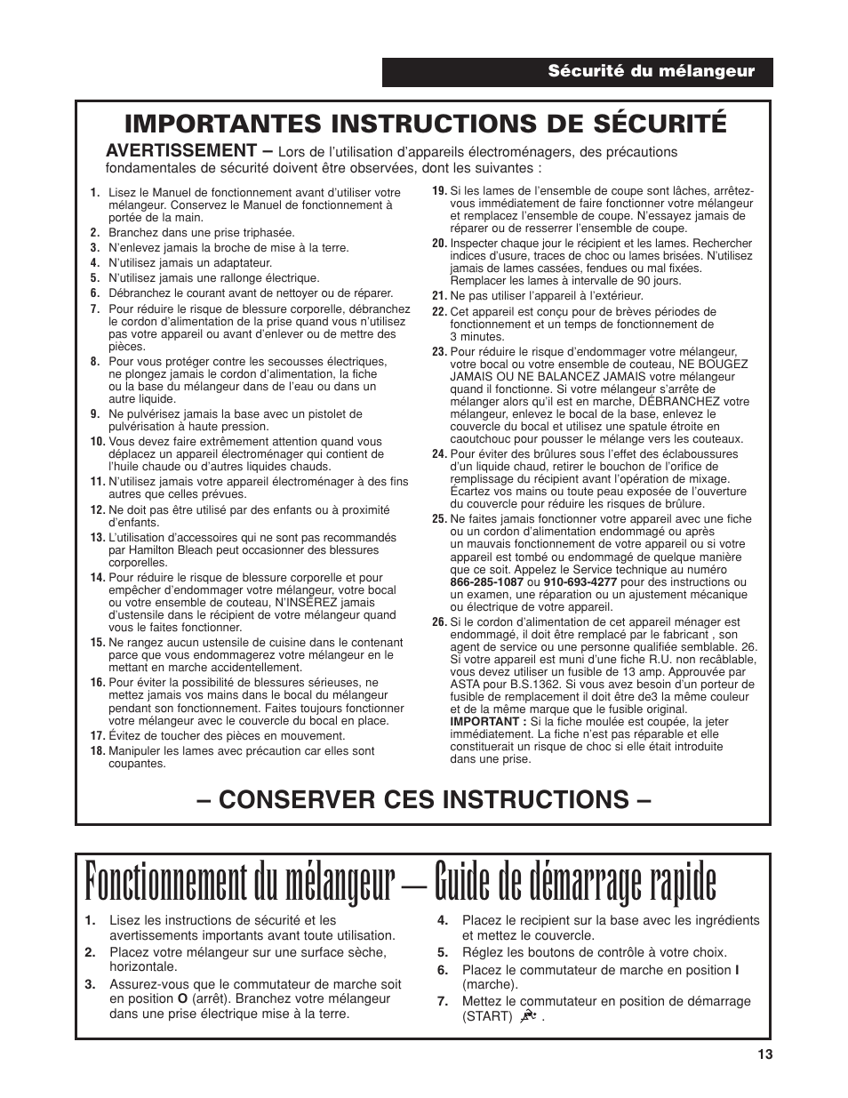 Conserver ces instructions, Importantes instructions de sécurité, Avertissement | Proctor-Silex HBH450 User Manual | Page 13 / 32