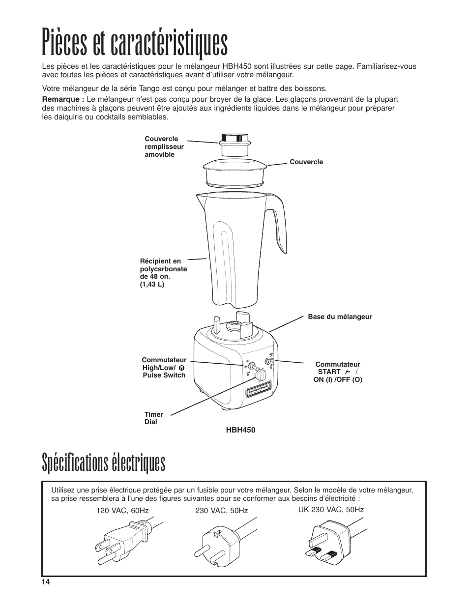 Pièces et caractéristiques, Spécifications électriques | Proctor-Silex HBH450 User Manual | Page 14 / 32