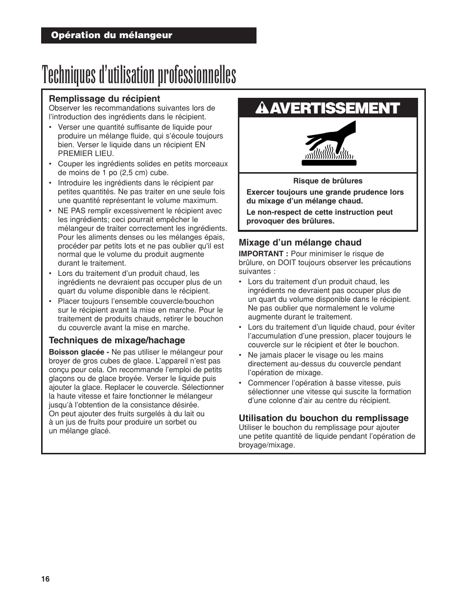 Techniques d’utilisation professionnelles, Wavertissement | Proctor-Silex HBH450 User Manual | Page 16 / 32