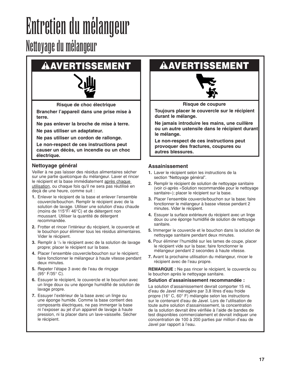 Entretien du mélangeur, Nettoyage du mélangeur, Wavertissement | Proctor-Silex HBH450 User Manual | Page 17 / 32