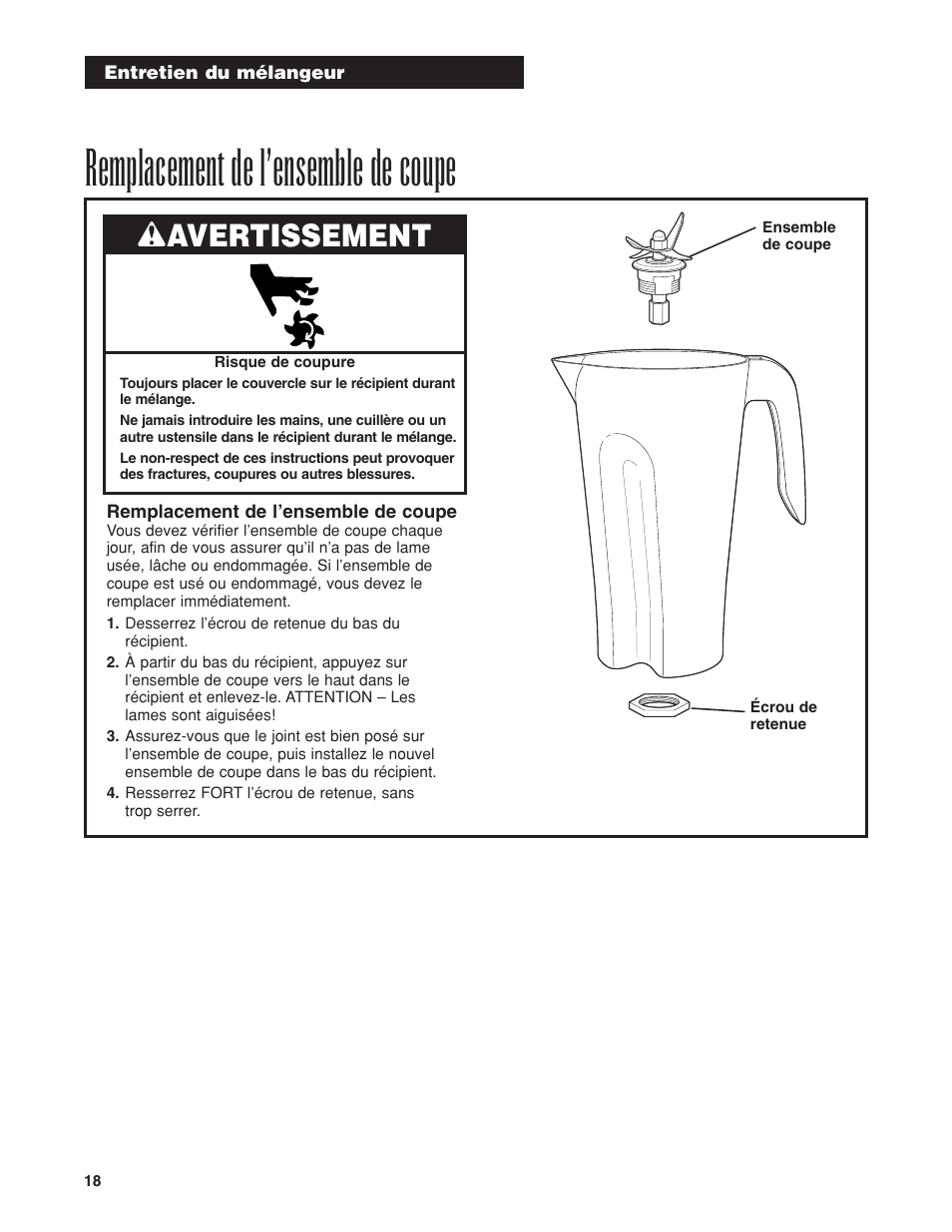 Remplacement de l’ensemble de coupe, Wavertissement | Proctor-Silex HBH450 User Manual | Page 18 / 32