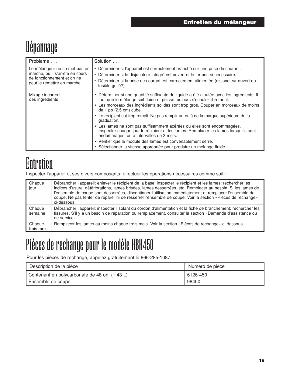 Pièces de rechange pour le modèle hbh450, Entretien, Dépannage | Proctor-Silex HBH450 User Manual | Page 19 / 32