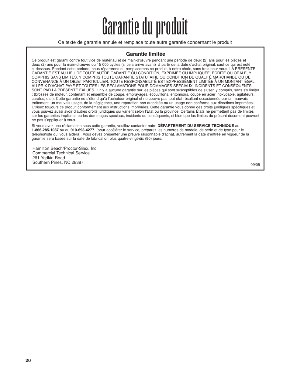 Garantie du produit | Proctor-Silex HBH450 User Manual | Page 20 / 32