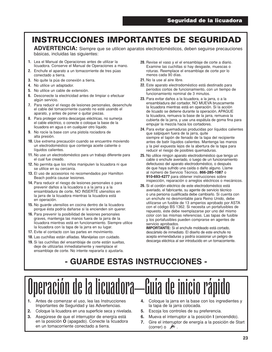 Operación de la licuadora–guía de inicio rápido, Instrucciones importantes de seguridad, Guarde estas instrucciones | Advertencia | Proctor-Silex HBH450 User Manual | Page 23 / 32