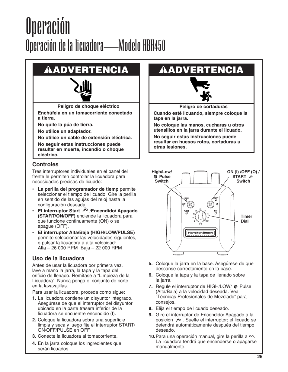 Operación, Operación de la licuadora—modelo hbh450, Wadvertencia | Proctor-Silex HBH450 User Manual | Page 25 / 32