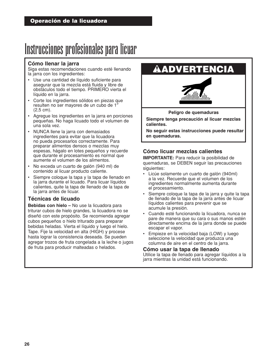 Instrucciones profesionales para licuar, Wadvertencia | Proctor-Silex HBH450 User Manual | Page 26 / 32