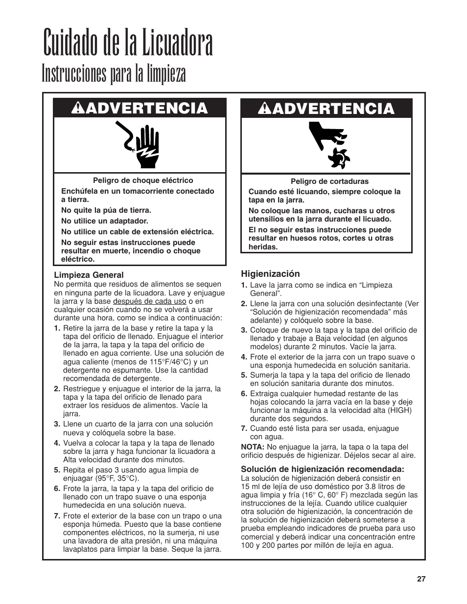 Cuidado de la licuadora, Instrucciones para la limpieza, Wadvertencia | Proctor-Silex HBH450 User Manual | Page 27 / 32