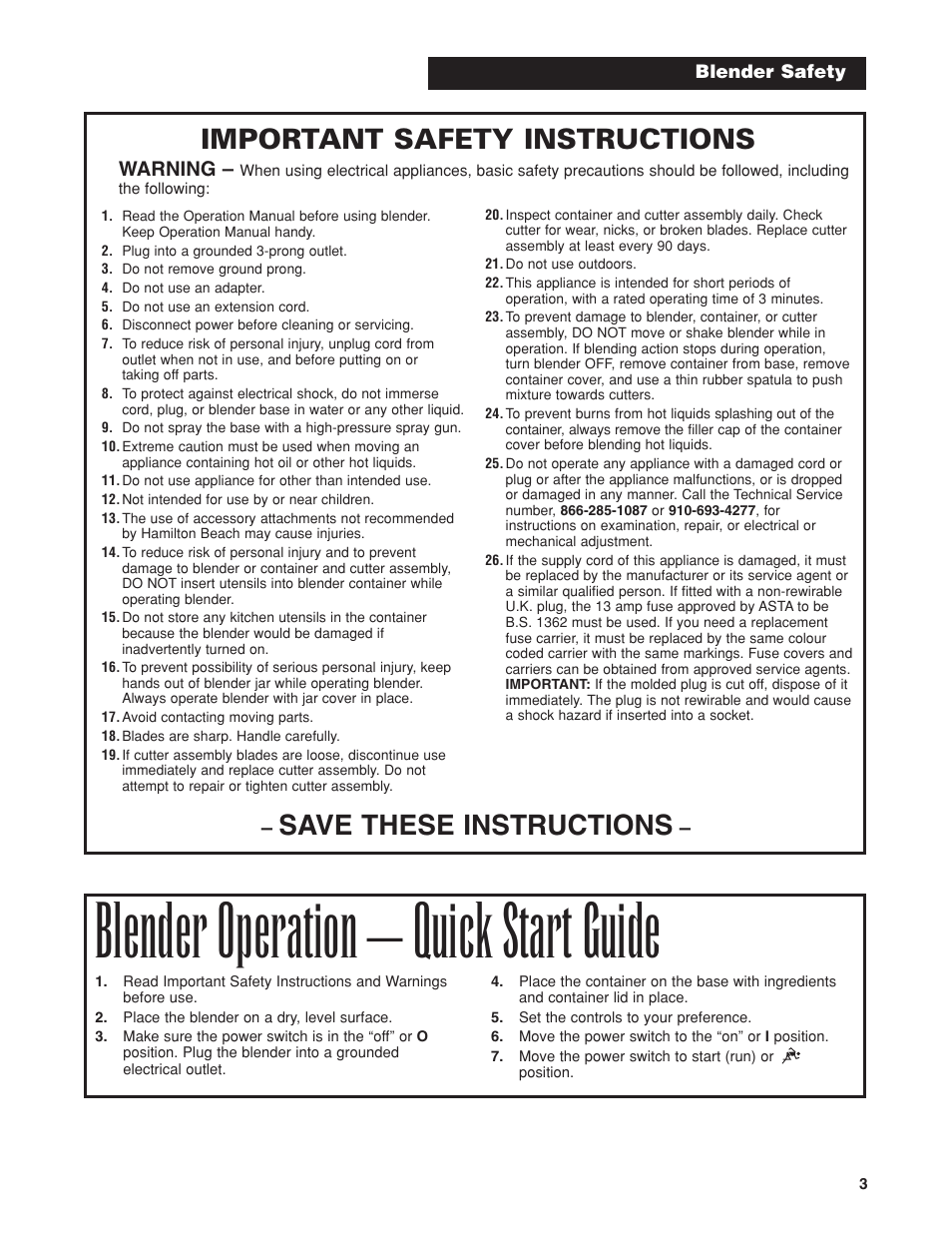 Blender operation – quick start guide, Save these instructions, Important safety instructions | Warning | Proctor-Silex HBH450 User Manual | Page 3 / 32