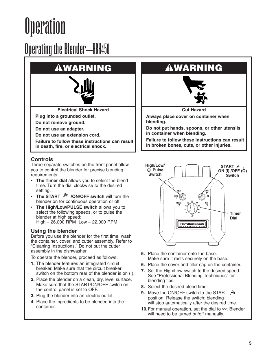 Operation, Operating the blender–hbh450, Wwarning | Proctor-Silex HBH450 User Manual | Page 5 / 32