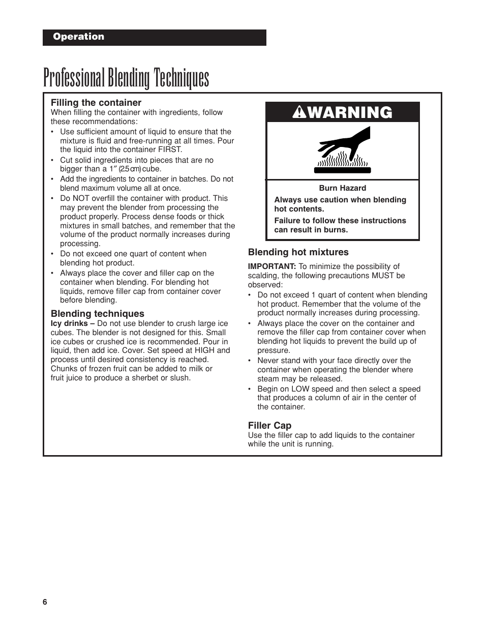 Professional blending techniques, Wwarning | Proctor-Silex HBH450 User Manual | Page 6 / 32