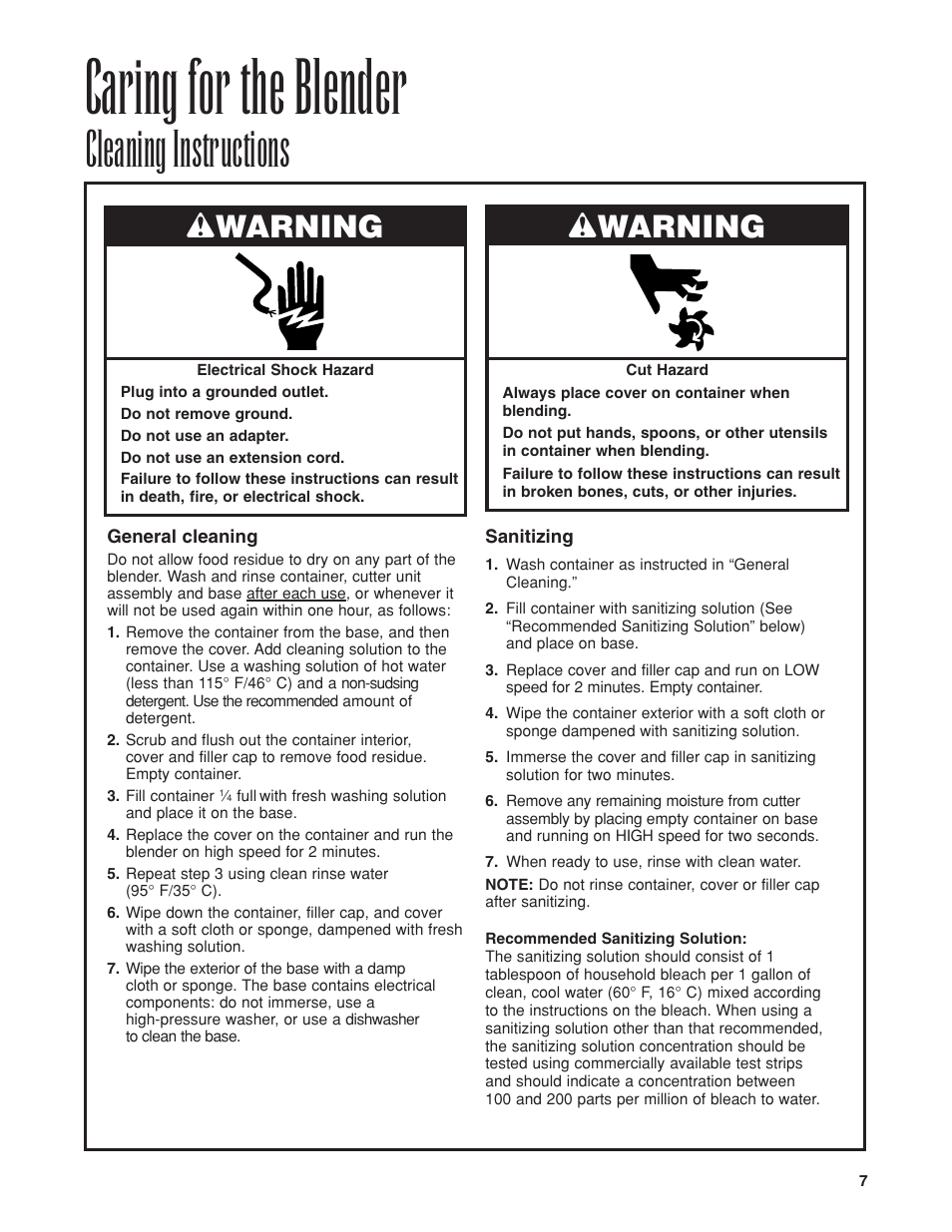 Caring for the blender, Cleaning instructions, Wwarning | Proctor-Silex HBH450 User Manual | Page 7 / 32