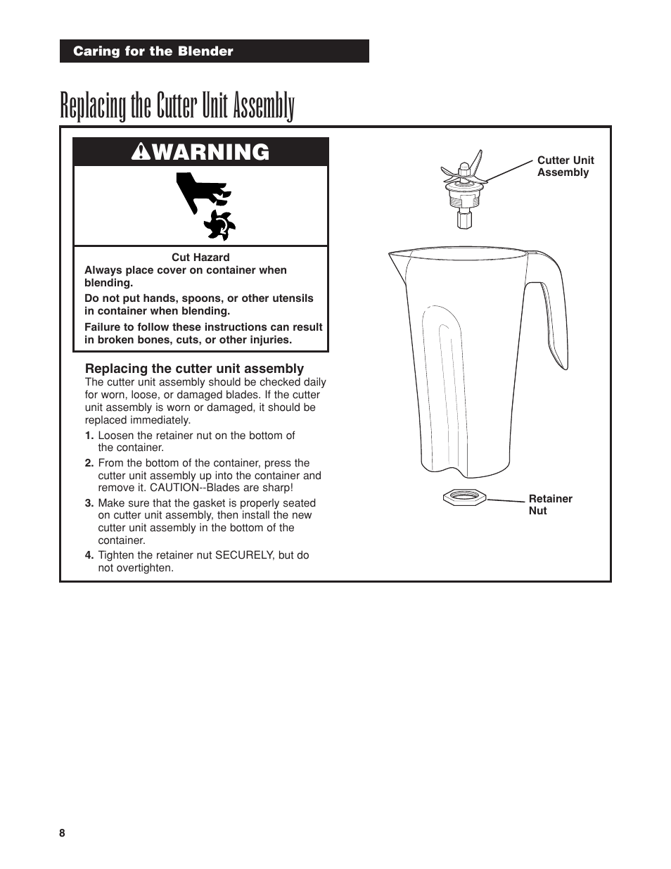 Replacing the cutter unit assembly, Wwarning | Proctor-Silex HBH450 User Manual | Page 8 / 32