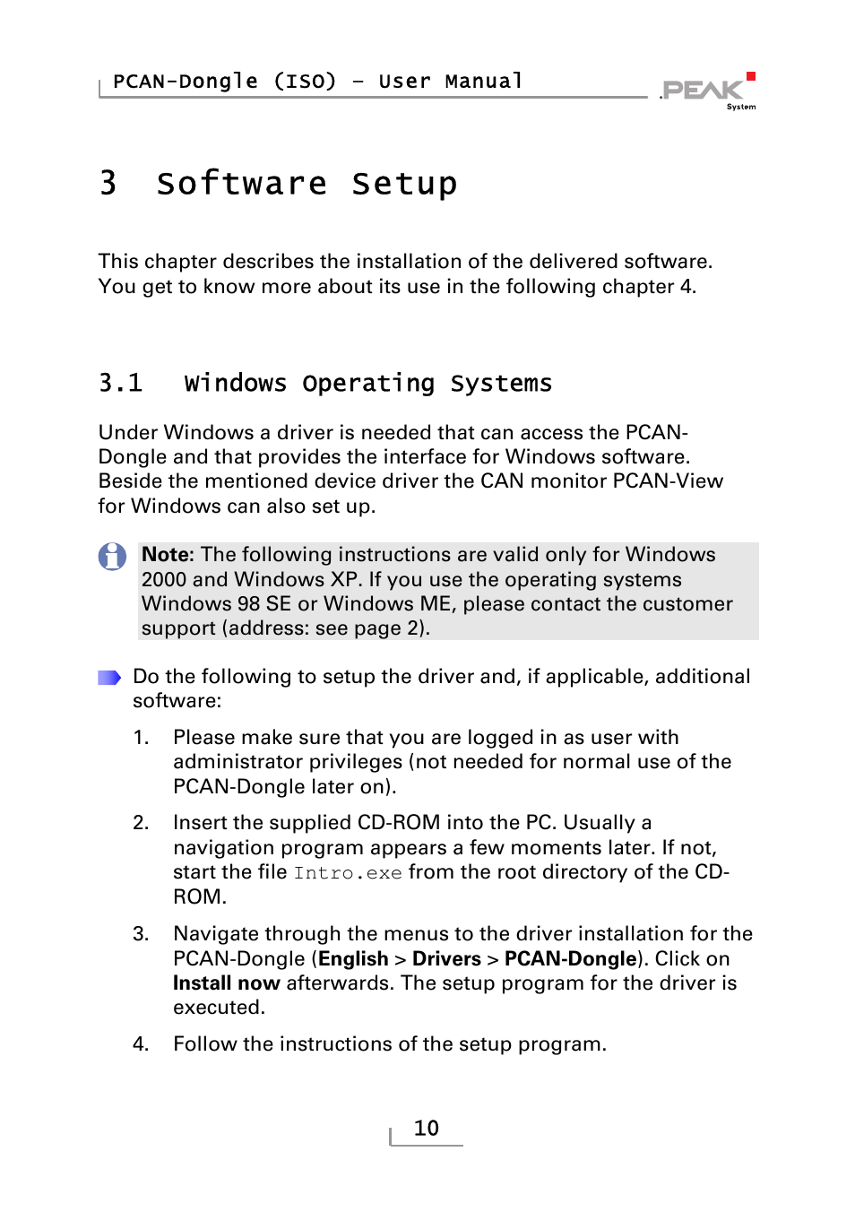 Software setup, Windows operating systems, 3software setup | PEAK-System Technik PCAN-DONGLE IPEH-002019 User Manual | Page 10 / 23