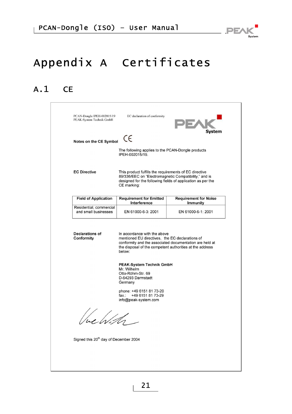 Certificates, Appendix a, Certificates 21 | Ce 21, Appendix a certificates | PEAK-System Technik PCAN-DONGLE IPEH-002019 User Manual | Page 21 / 23