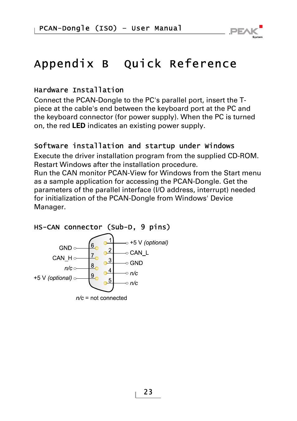 Quick reference, Appendix b, Appendix b quick reference | PEAK-System Technik PCAN-DONGLE IPEH-002019 User Manual | Page 23 / 23