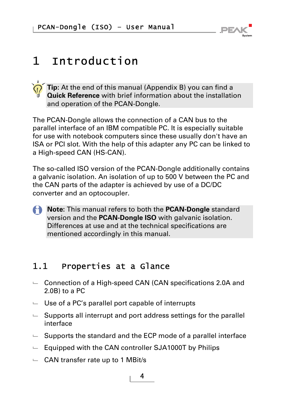 Introduction, Properties at a glance, Introduction 4 | 1introduction, 1 properties at a glance | PEAK-System Technik PCAN-DONGLE IPEH-002019 User Manual | Page 4 / 23