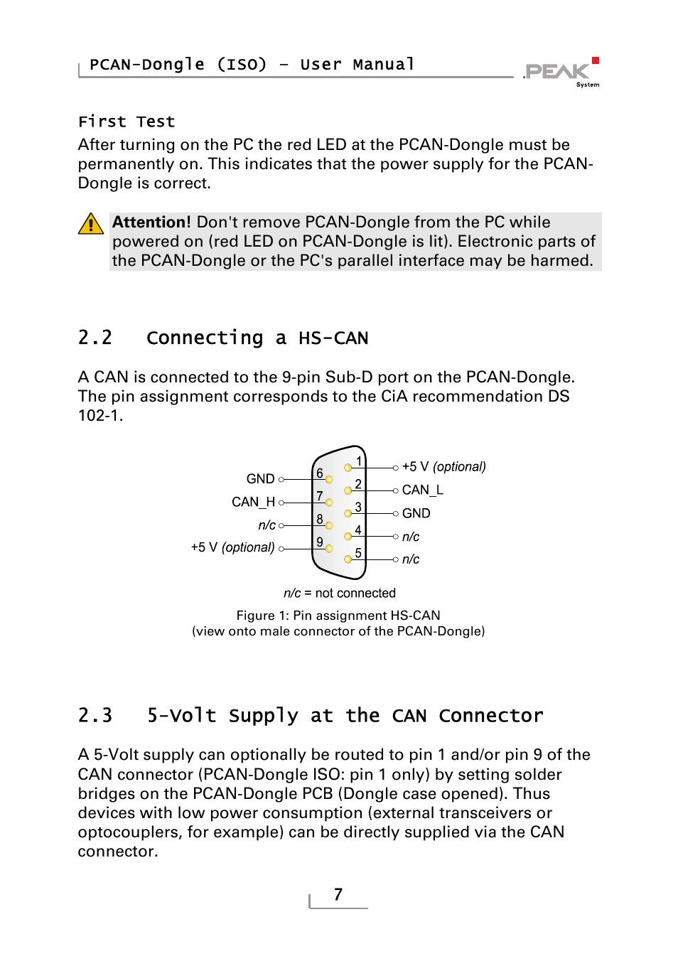 Connecting a hs-can, Volt supply at the can connector, 2 connecting a hs-can | 3 5-volt supply at the can connector | PEAK-System Technik PCAN-DONGLE IPEH-002019 User Manual | Page 7 / 23