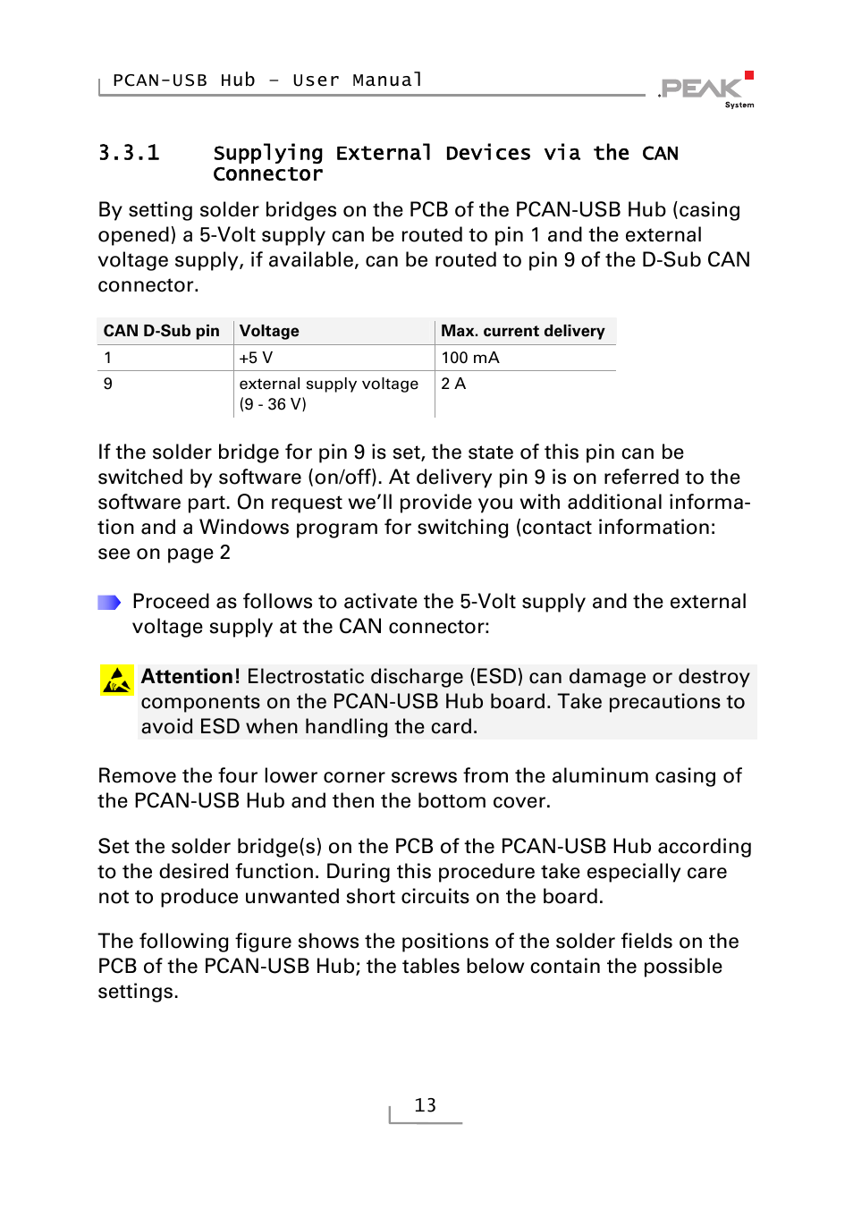 1 supplying external devices via the can connector, Supplying external devices via the can connector | PEAK-System Technik RS-232 User Manual | Page 13 / 35