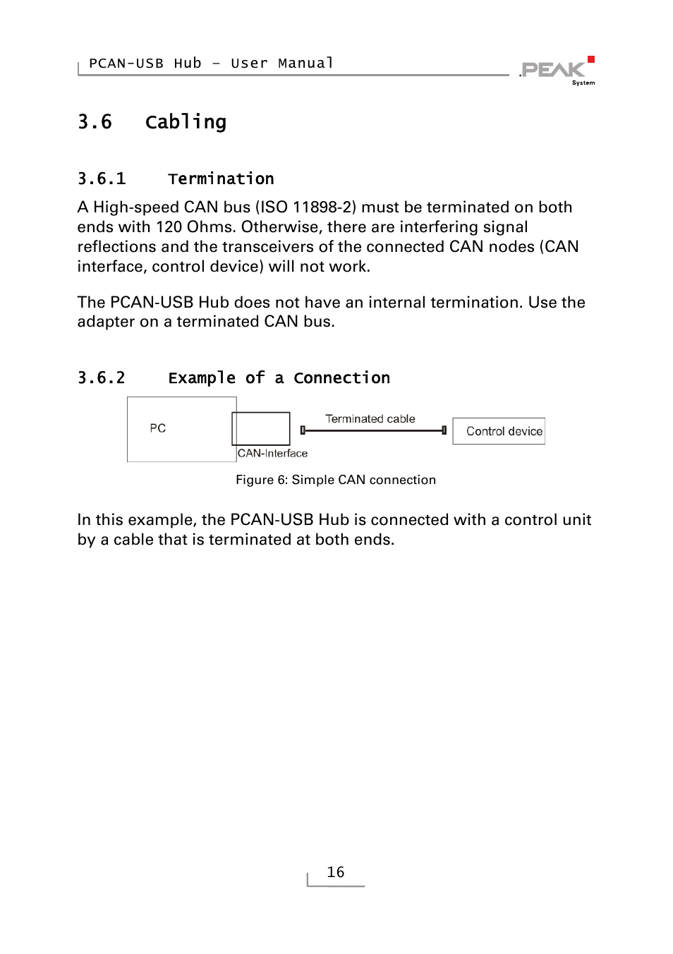 6 cabling, 1 termination, 2 example of a connection | Cabling, Termination, Example of a connection | PEAK-System Technik RS-232 User Manual | Page 16 / 35