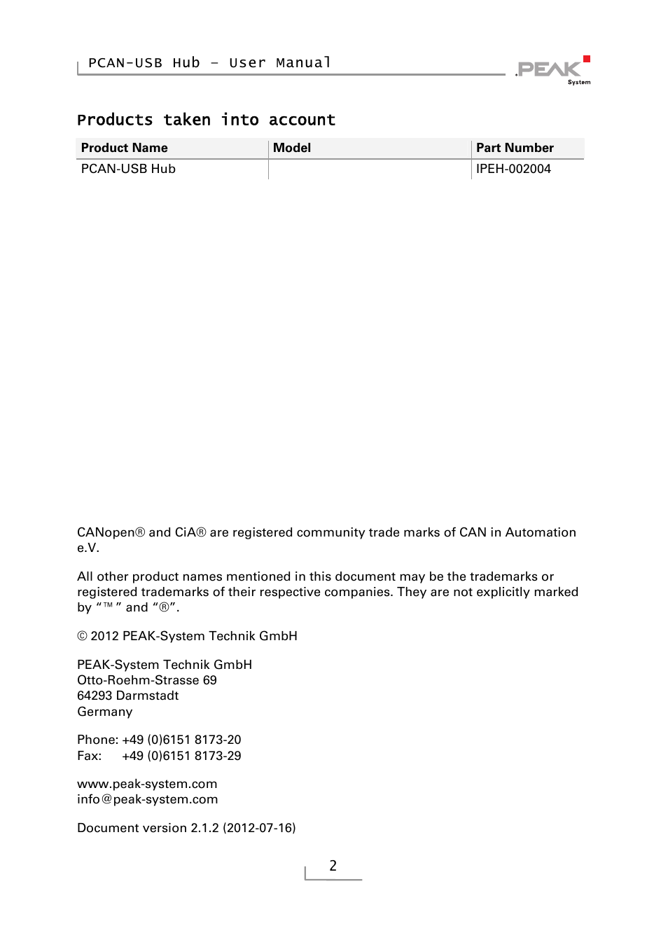 Products taken into account, Imprint | PEAK-System Technik RS-232 User Manual | Page 2 / 35