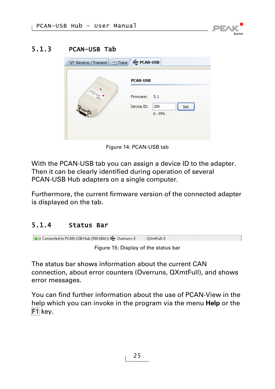 3 pcan-usb tab, 4 status bar, Pcan-usb tab | Status bar | PEAK-System Technik RS-232 User Manual | Page 25 / 35