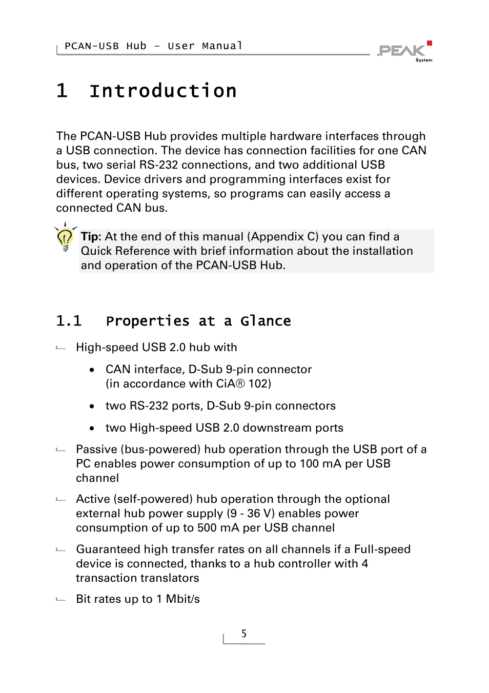 1 introduction, 1 properties at a glance, Introduction | Properties at a glance, 1introduction | PEAK-System Technik RS-232 User Manual | Page 5 / 35