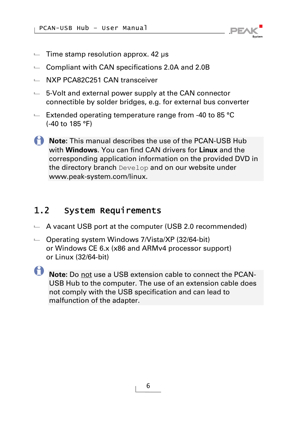 2 system requirements, System requirements | PEAK-System Technik RS-232 User Manual | Page 6 / 35