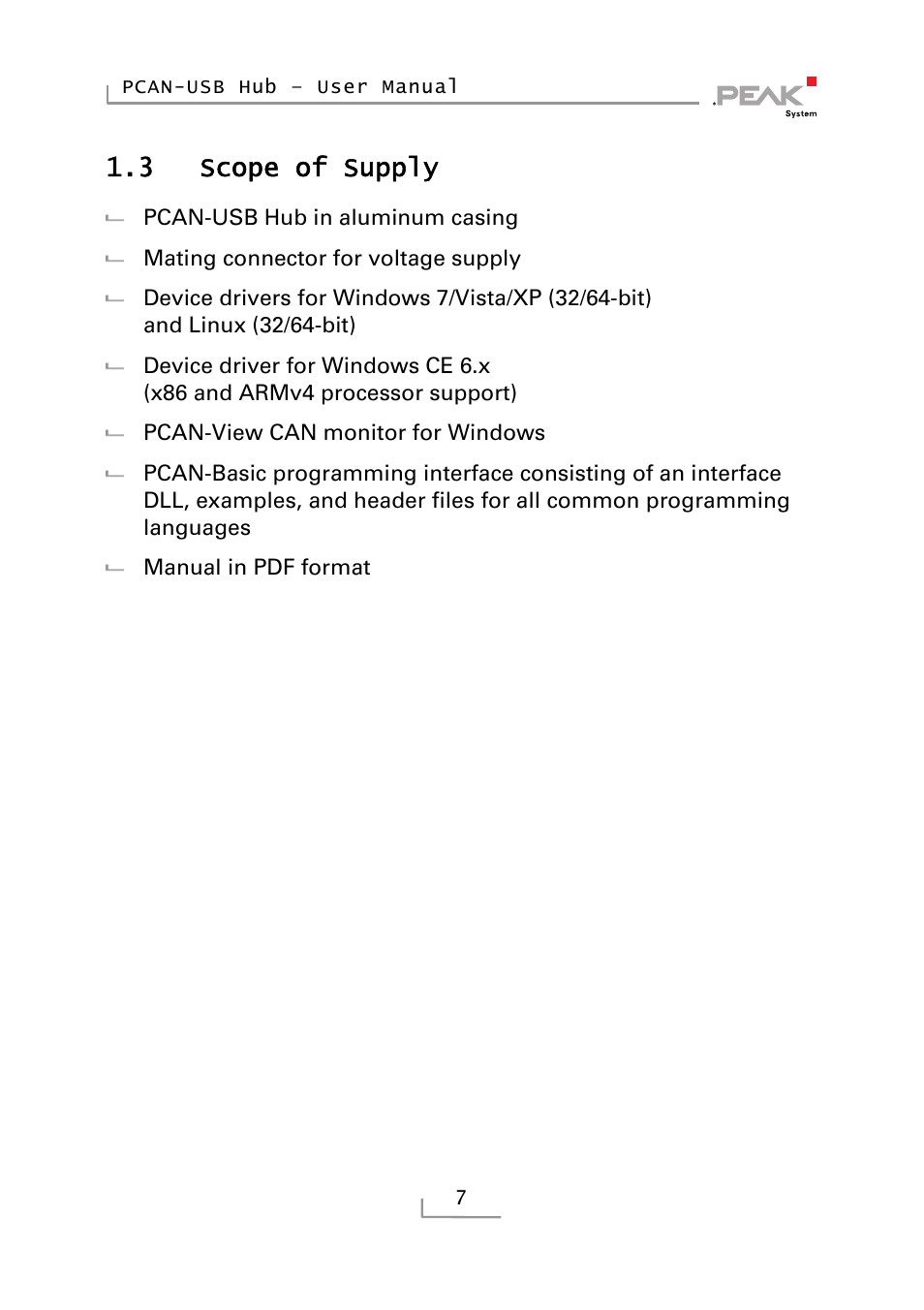 3 scope of supply, Scope of supply | PEAK-System Technik RS-232 User Manual | Page 7 / 35