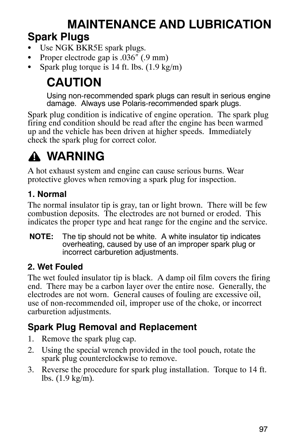 Maintenance and lubrication, Caution, Warning | Spark plugs | Polaris 6X6 User Manual | Page 100 / 136