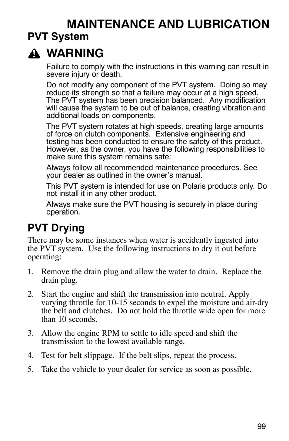 Maintenance and lubrication, Warning, Pvt system | Pvt drying | Polaris 6X6 User Manual | Page 102 / 136