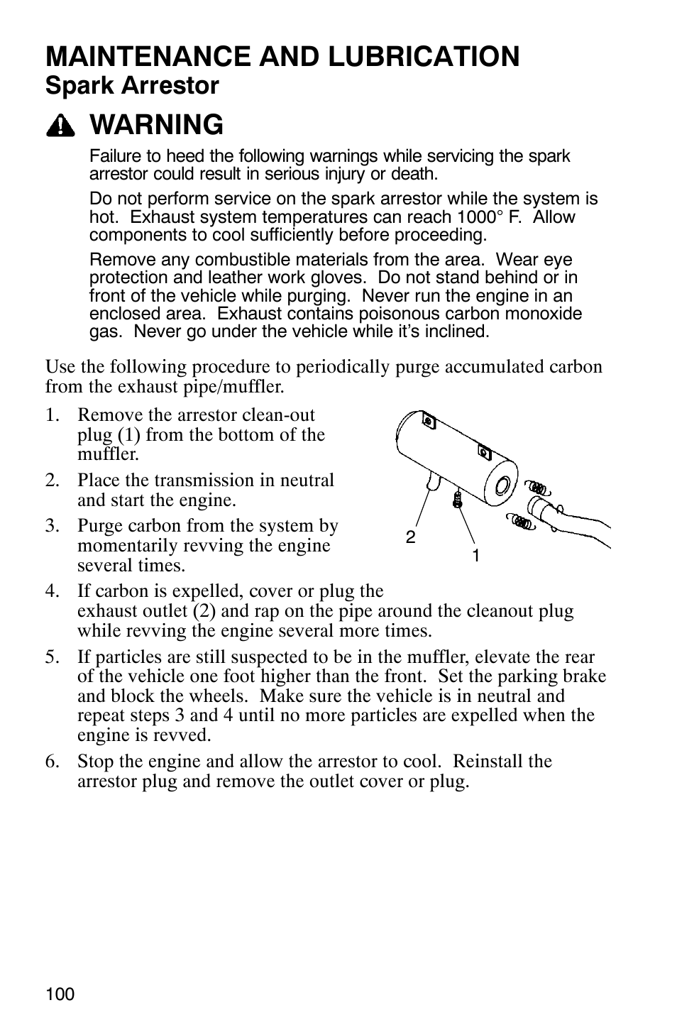 Maintenance and lubrication, Warning, Spark arrestor | Polaris 6X6 User Manual | Page 103 / 136