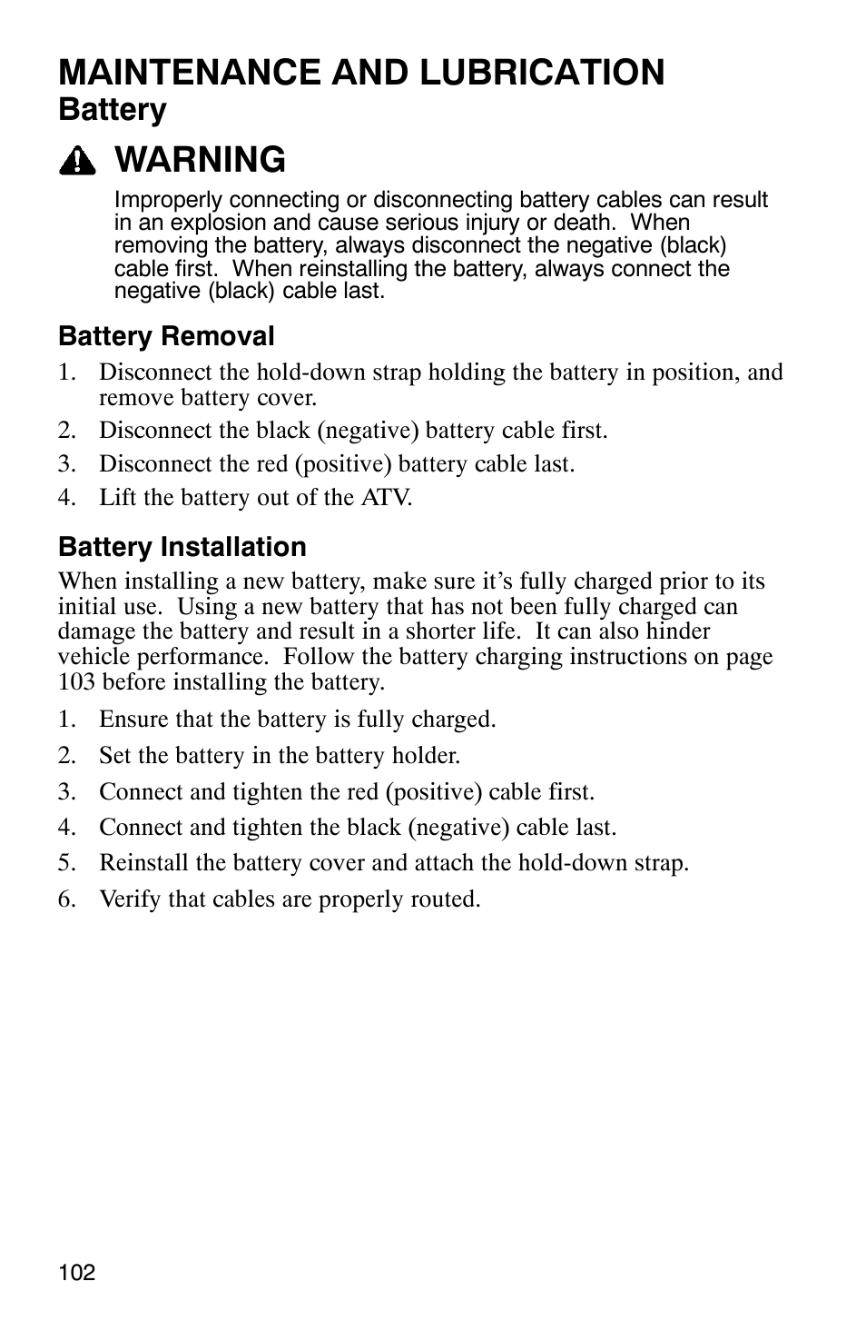 Maintenance and lubrication, Warning, Battery | Polaris 6X6 User Manual | Page 105 / 136