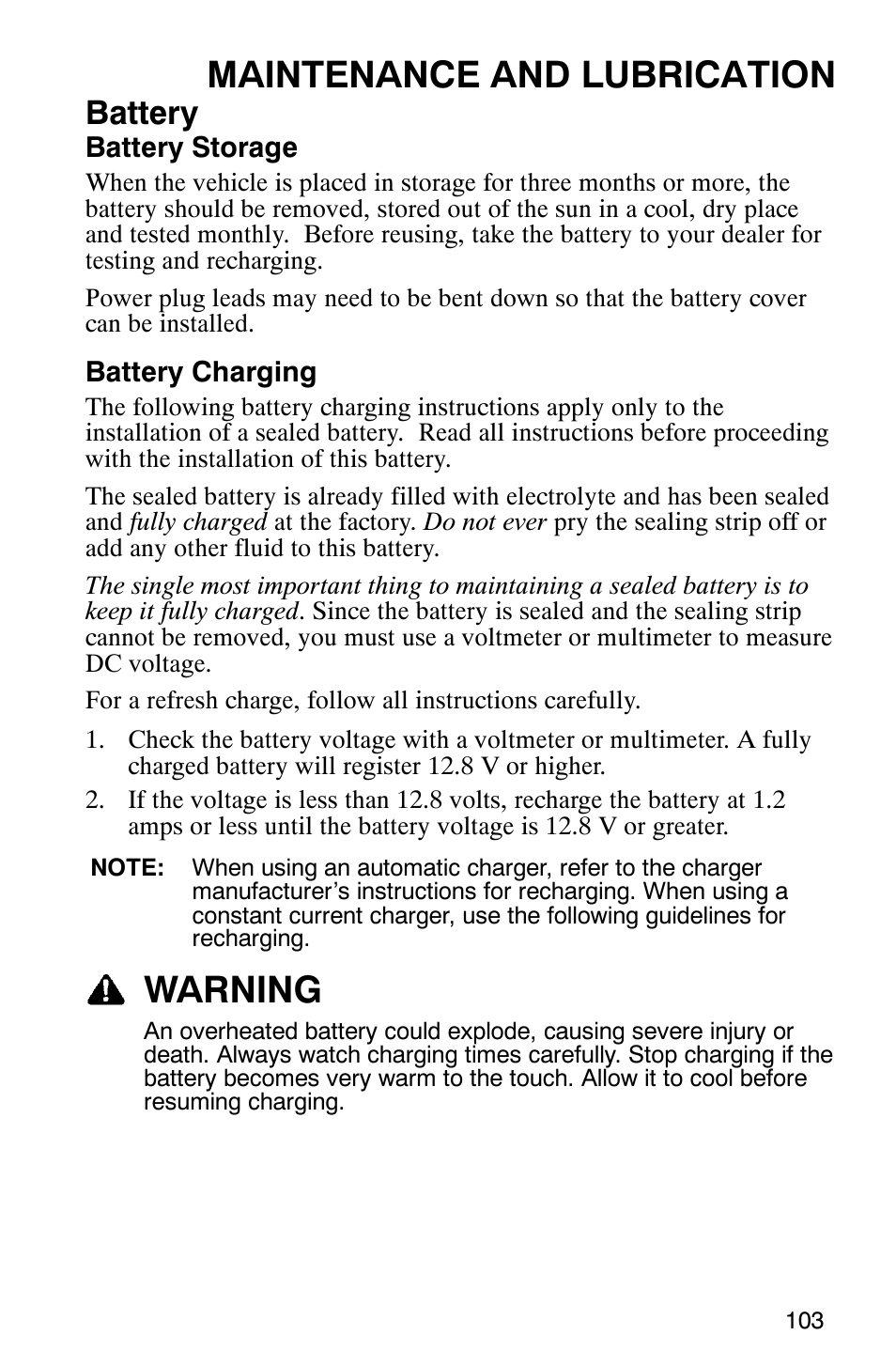 Maintenance and lubrication, Warning, Battery | Polaris 6X6 User Manual | Page 106 / 136