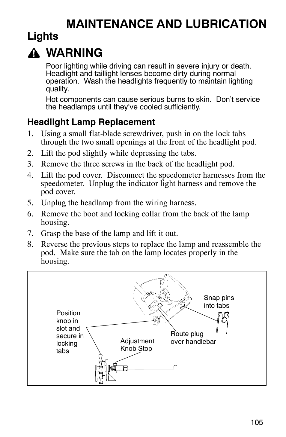 Maintenance and lubrication, Warning, Lights | Headlight lamp replacement | Polaris 6X6 User Manual | Page 108 / 136