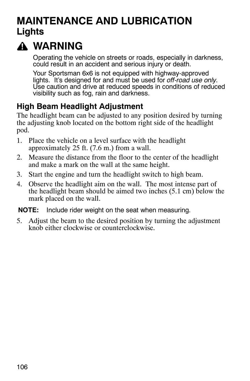 Maintenance and lubrication, Warning, Lights | Polaris 6X6 User Manual | Page 109 / 136