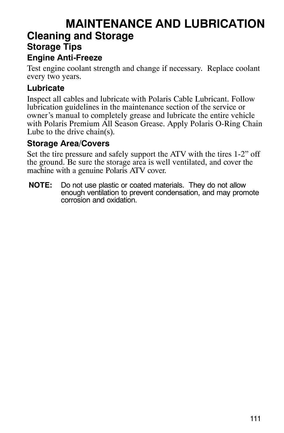 Maintenance and lubrication, Cleaning and storage | Polaris 6X6 User Manual | Page 114 / 136