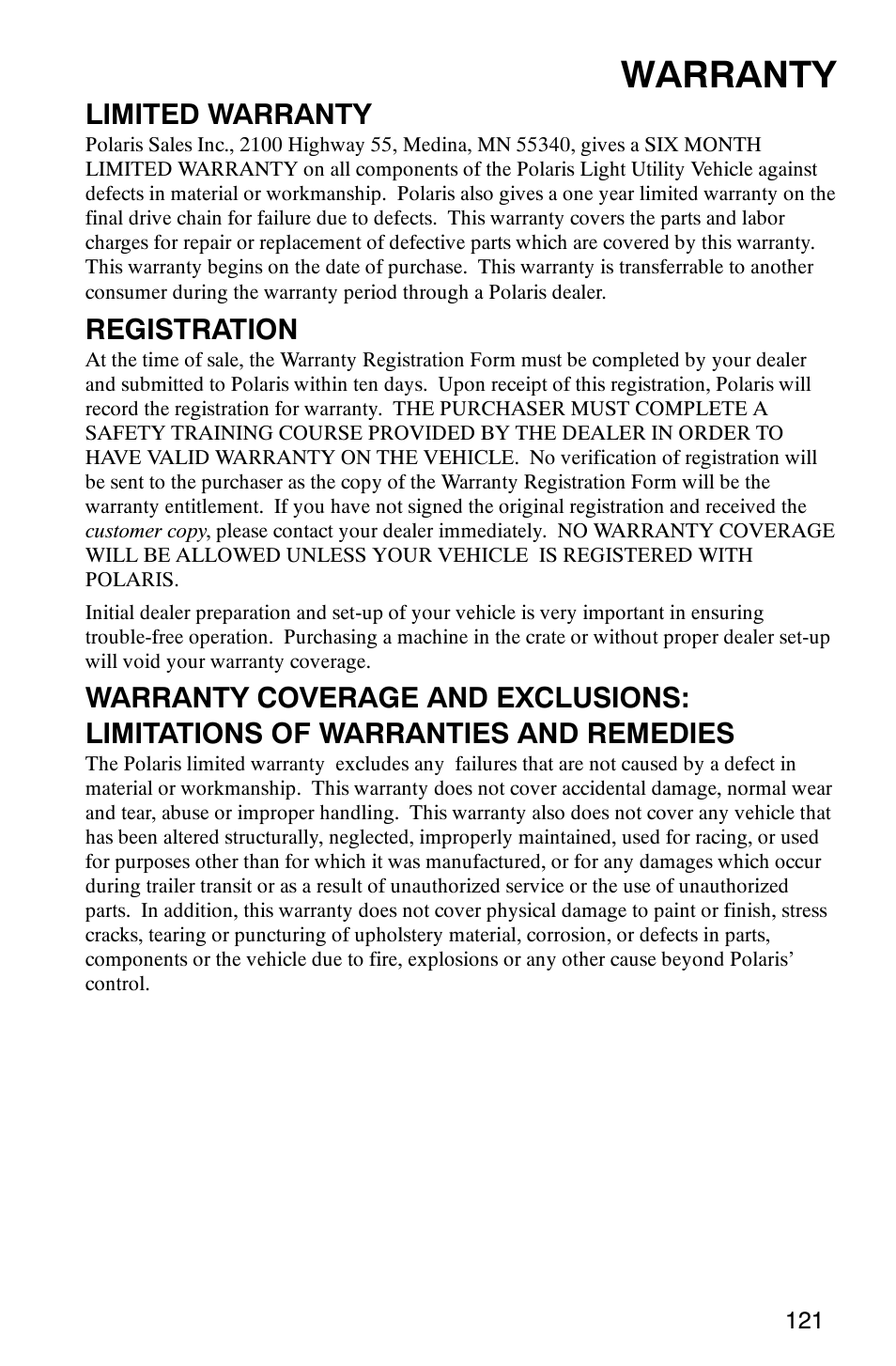 Warranty, Limited warranty, Registration | Polaris 6X6 User Manual | Page 124 / 136